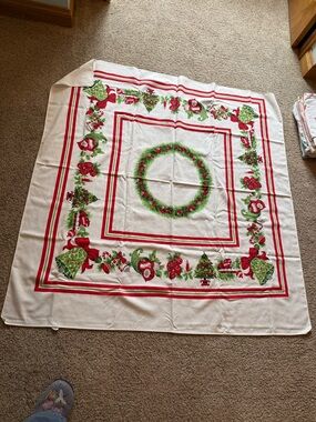 Vintage Red & Green Holiday Tablecloth with Wreath Motif